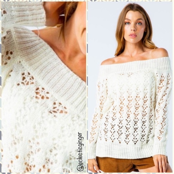 Off white open knit off shoulder long sleeve sweater Size S/M or M/L - Picture 4 of 8